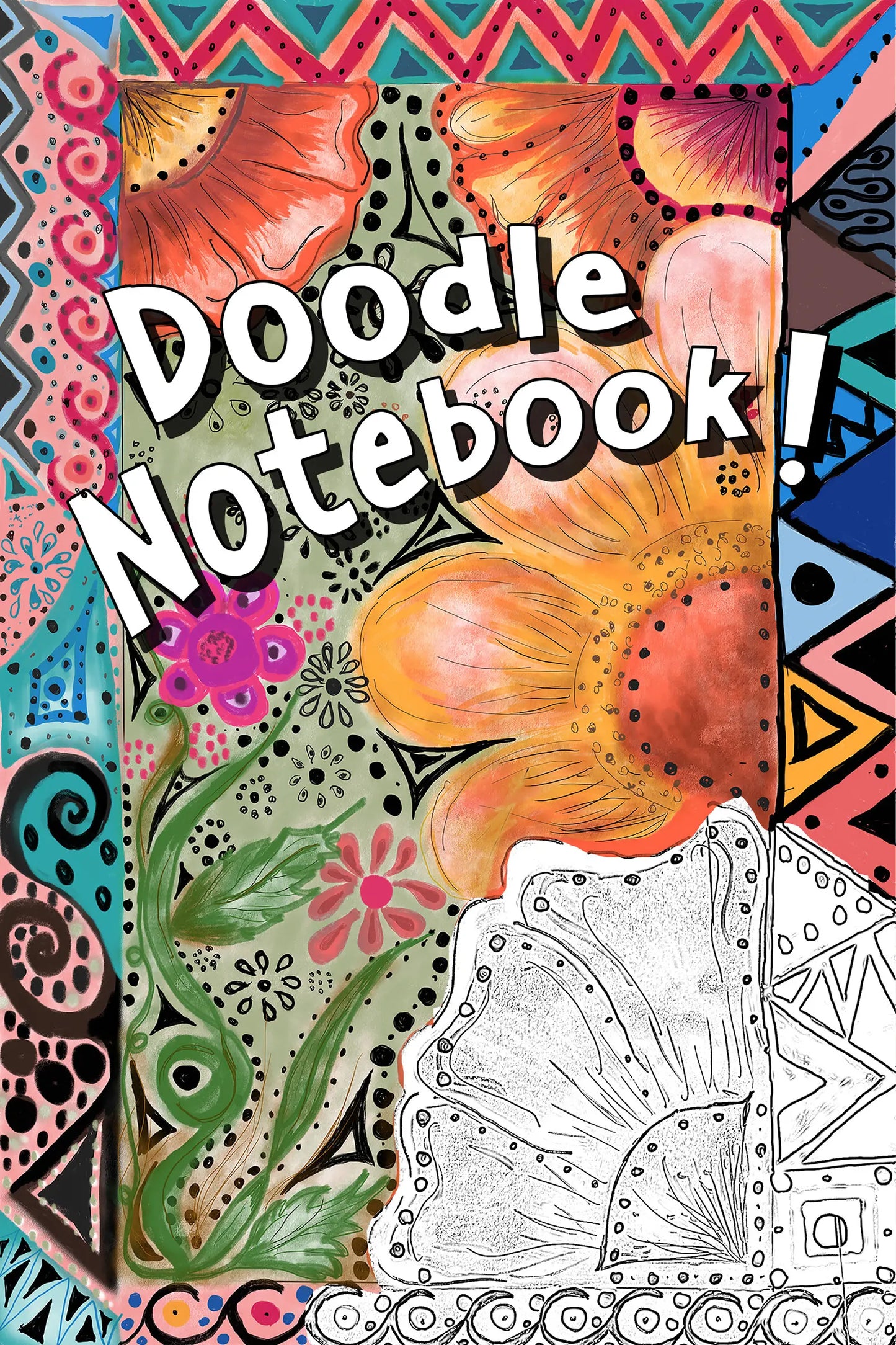 6x9” doodle notebook for adults – lined pages with printed doodles for sketching, note-taking, colouring, and creative journaling