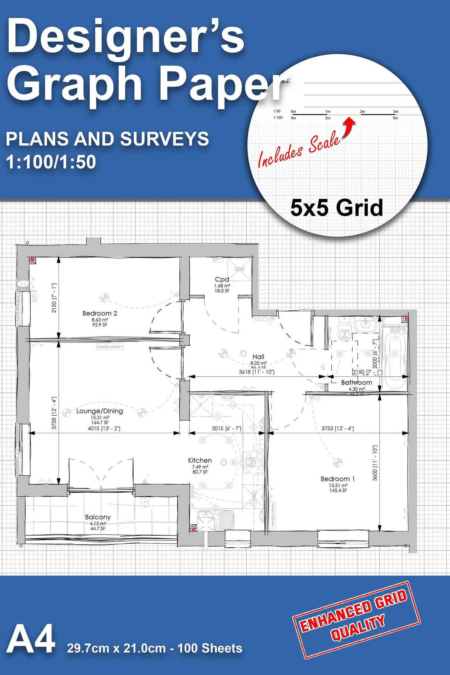 A4 design graph paper notebook – 5x5 grid with scale bar for architectural planning, surveying, and freehand sketching