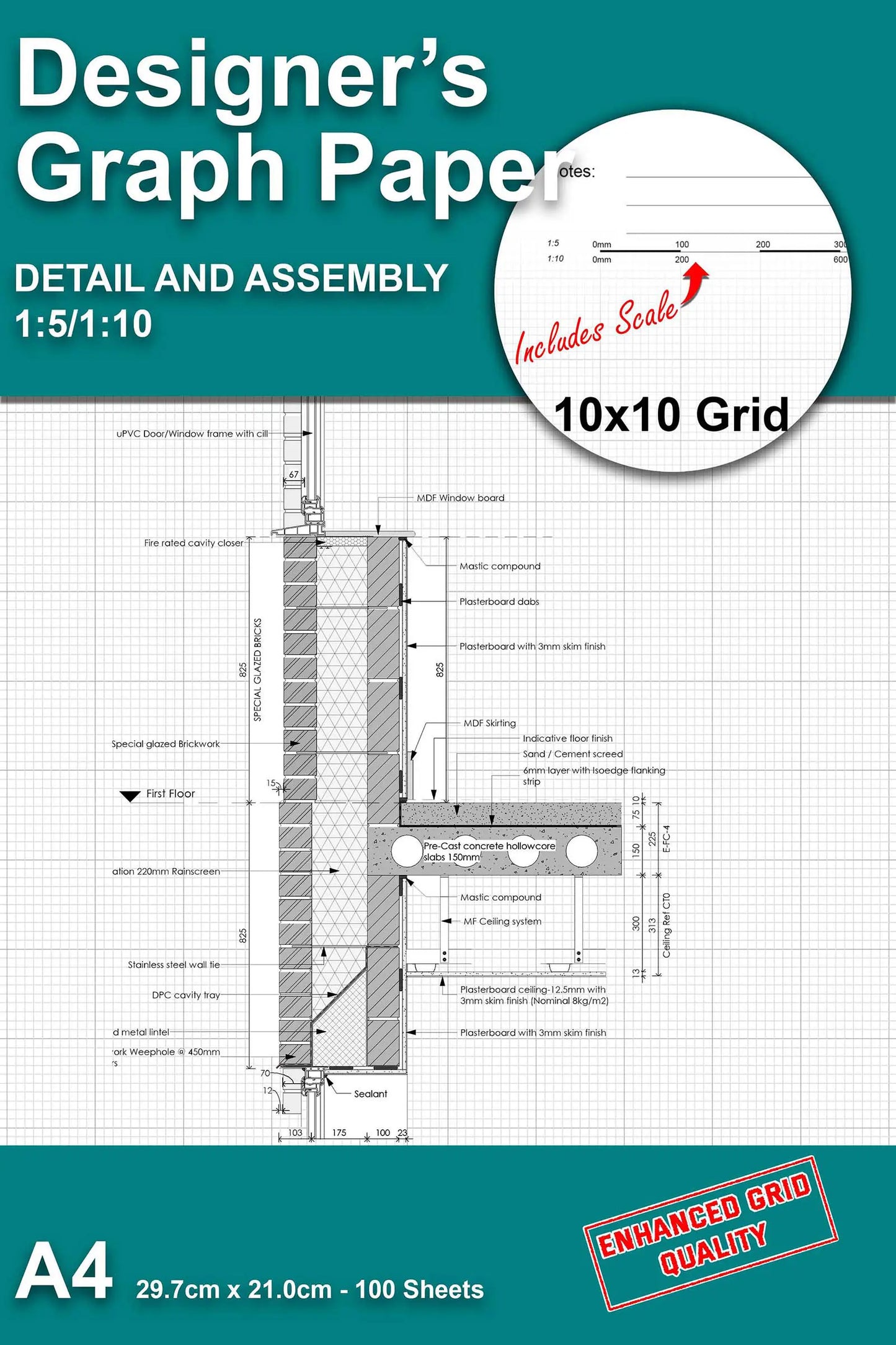 A4 detail graph paper notebook – 10x10 grid with scale bar for technical drawing, assembly sketches, and design detailing