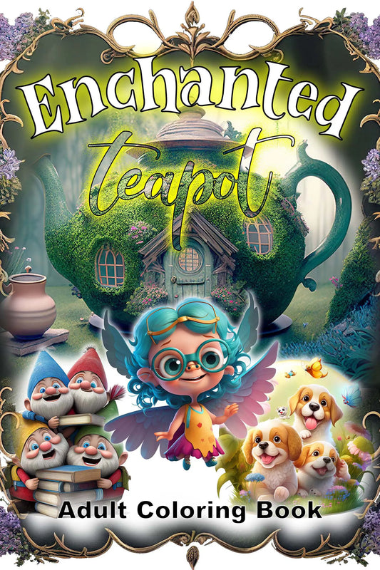Adult colouring book with fairies and teapot scenes – 40 grayscale pages for stress relief, creativity, and relaxing colouring