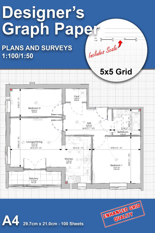 A4 design graph paper notebook – 5x5 grid with scale bar for architectural planning, surveying, and freehand sketching